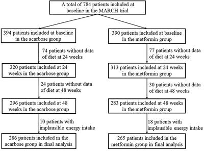 Different Interactive Effects of Metformin and Acarbose With Dietary Macronutrient Intakes on Patients With Type 2 Diabetes Mellitus: Novel Findings From the MARCH Randomized Trial in China